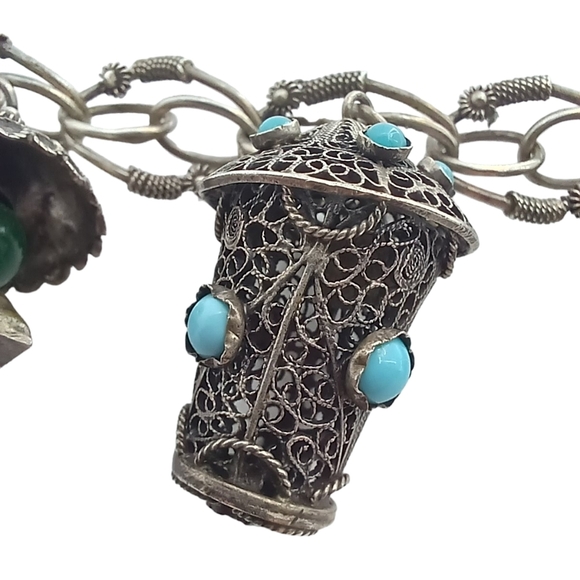 Vintage Entruscan Rare 5 Charm Bracelet 800 Silver Antique Blue Castlecore - Picture 6 of 12